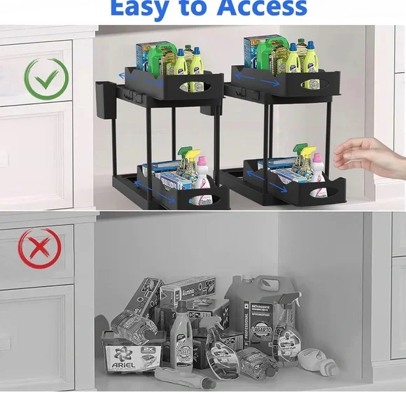 2 Pack Double Sliding Under Sink Organizers and Storage, 2-Tier Pull-Out Storage